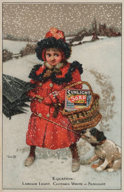 Niña caminando a casa en la nieve: anuncio de jabón Sunlight (cromolitografía) de Tom Browne