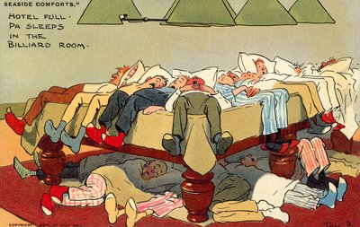 Hotel lleno, papá duerme en la sala de billar (cromolitografía) de Tom Browne