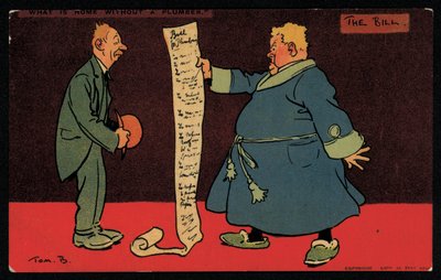 Hombre leyendo una factura larga de su fontanero (cromolitografía) de Tom Browne