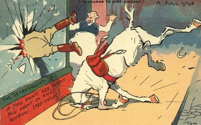 Hombre arrojado de un caballo a través de una ventana de Tom Browne