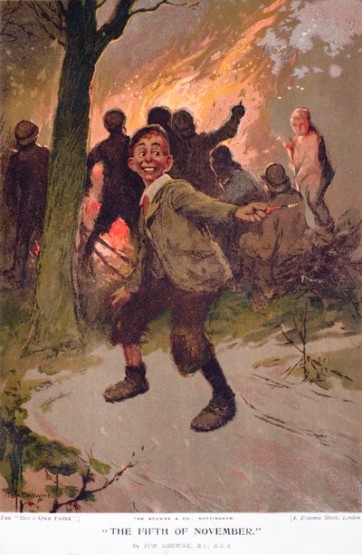 El cinco de noviembre, niño emocionado en la Noche de las Hogueras de Tom Browne