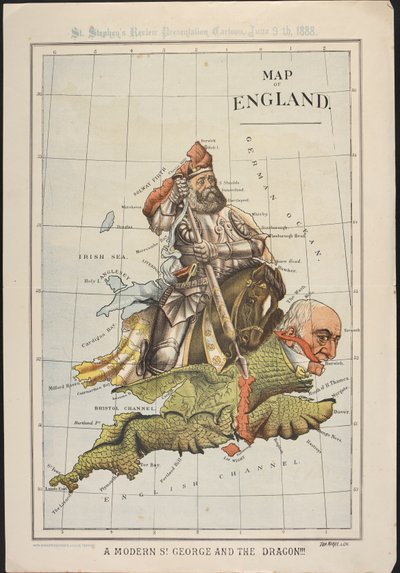 A Modern St George and the Dragon: una caricatura política, en forma de mapa de Inglaterra, que satiriza la derrota parlamentaria de Gladstone sobre la autonomía irlandesa. St. Stephen