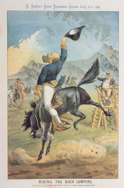 Montando los saltadores de hebilla, Lord Salisbury en el caballo negro, Gladstone, de 