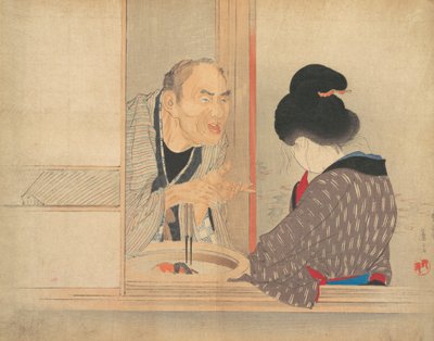 Una Ochiyo regañona, ilustración del Club Literario Bugei Kurabu de Tomioka Eisen