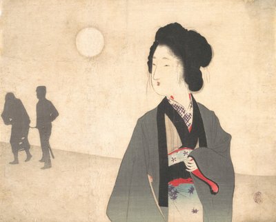 Joven mujer mira la silueta de un prisionero masculino siendo llevado, principios del siglo XX de Tomioka Eisen