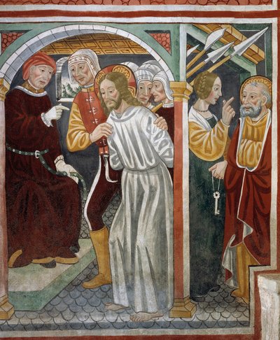 Jesús ante el Sumo Sacerdote, Pedro y la criada de Tommaso (active 1479 1509) (workshop) Cagnola