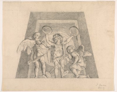 Tres Putti con Panderetas y Trompetas, Diseño para Luneta de la Sala delle Muse, Museo Pio-Clementino, Vaticano de Tommaso Maria Conca