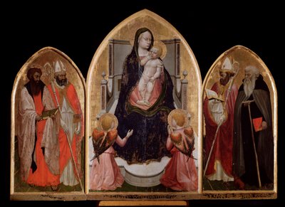 Tríptico de San Giovenale: Virgen y Niño, panel izquierdo con San Bartolomé y San Blas, y panel derecho con San Juvenal de Tommaso Masaccio
