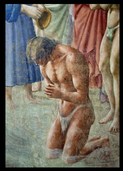 San Pedro bautizando a los neófitos, detalle del neófito (detalle) de Tommaso Masaccio