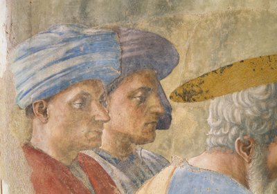 San Pedro bautizando a los neófitos, detalle de dos observadores con turbante (detalle) de Tommaso Masaccio