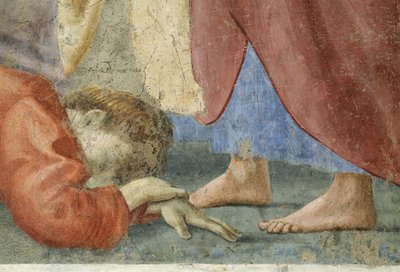 San Pedro distribuyendo los bienes comunes de la iglesia y la muerte de Ananías, detalle de Ananías muerto a los pies de San Pedro (detalle) de Tommaso Masaccio
