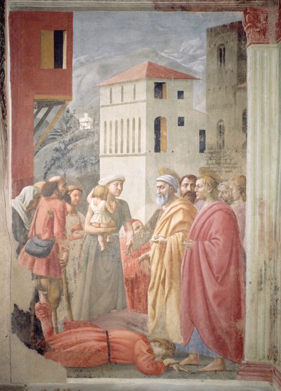 San Pedro distribuyendo los bienes comunes de la Iglesia y la muerte de Ananías, c.1427 de Tommaso Masaccio