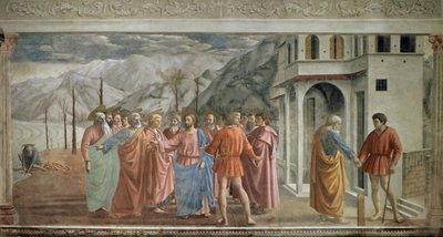 El pago del tributo (Il tributo) - Fresco de Tommaso di ser Giovanni di Mone Cassai llamado Masaccio (1401-1428), 254,5x598,3 cm de Tommaso Masaccio
