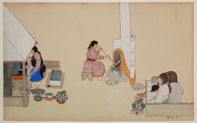 Mujeres tejiendo y supervisando el horno, principios del siglo XX (caseína sobre papel) de Tonita Peña