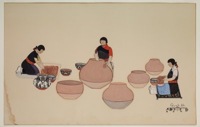 Mujeres trabajando la arcilla, dando forma a recipientes, principios del siglo XX, principios del siglo XX (caseína sobre papel) de Tonita Peña