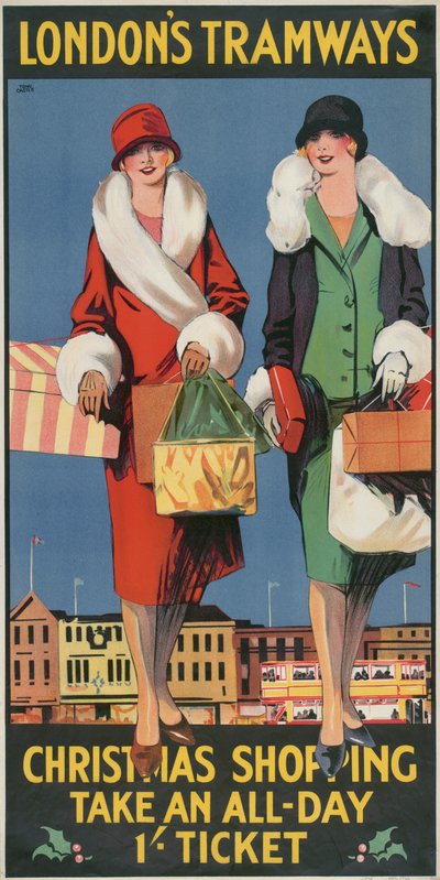 Compras navideñas, tome un boleto de todo el día, cartel de los tranvías del Consejo del Condado de Londres LCC, 1926 de Tony Castle