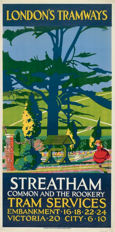 Streatham Common y The Rookery, cartel de tranvías del Consejo del Condado de Londres LCC, 1927 de Tony Castle