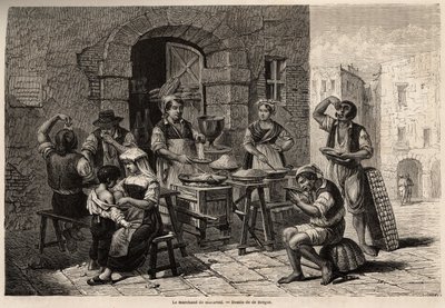 El comerciante de macarrones, dibujo de Bergue, para ilustrar Nápoles y los napolitanos, en 1861, por Marc Monnier (1829-1885). Grabado en "Le tour du monde" 1861. Colección de Selva. de Tony Francois de Bergue