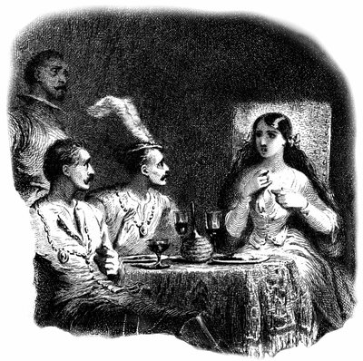 Una mujer joven y tres hombres de pie delante de copas de vino. -Detalle de un grabado (aguafuerte) de Tony Johannot (Antoine Johannot, dit de Tony Johannot