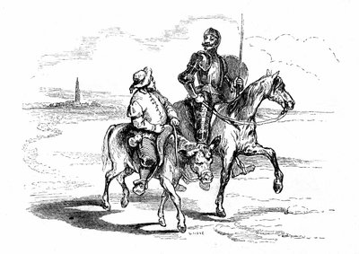 Don Quijote (Qijote, Quixote) cabalga en su caballo Rossinante con su fidele squiyer Sancho Panza (Panca) en su burro. Ilustración de la novela de Cervantes publicada en Francia en 1845 por Dubochet  Cie, traducción de Louis Viardot, grabados de ony Johann de Tony Johannot