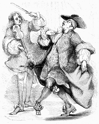 Moliere: El burgués señor Jourdain baila bajo la dirección de su maestro de música. Grabado de Tony Johannot en la edición de las obras completas, Paulin 1836. de Tony Johannot