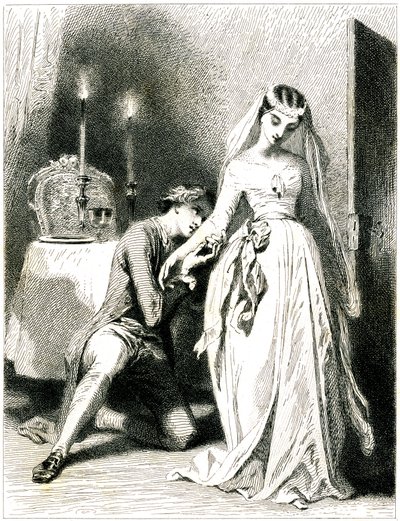 Amante suspirando arrodillado a los pies de su bello compromiso en un interior a la luz de las velas - chica con vestido y peinado románticos - grabado (aguafuerte 1845) de Tony Johannot (Antoine Johannot dit de Tony Johannot