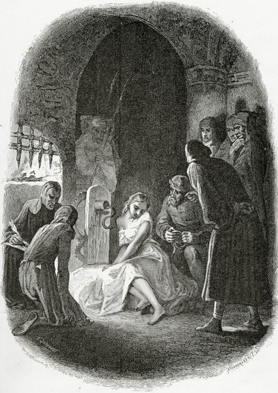 La interrogación de Esmeralda - ilustración de Notre Dame de París, siglo XIX (grabado en blanco y negro) de Tony Johannot