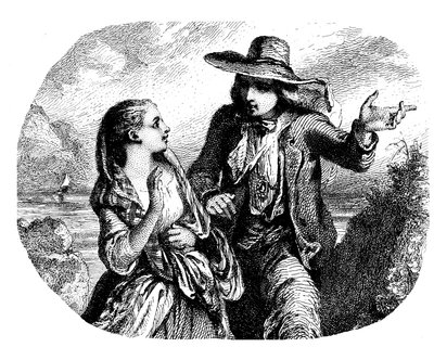 Dos amantes junto al agua (río - lago - mar) con un barco (velero - velero) a lo lejos - aguafuerte (detalle) de Tony Johannot (Antoine Johannot dijo de Tony Johannot