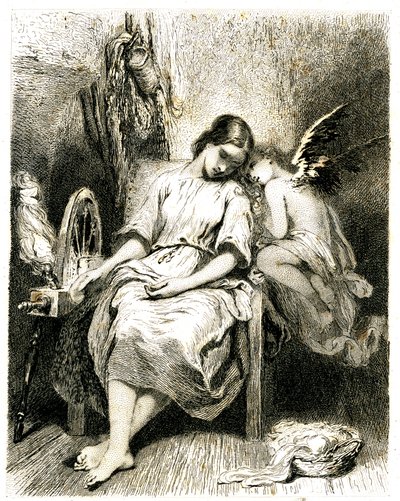 Mujer joven (hilandera) durmiendo junto a su rueda - un angelot se inclina sobre su hombro - sueño - ensueño - amor - grabado (aguafuerte 1845) de Tony Johannot (Antoine Johannot dit de Tony Johannot