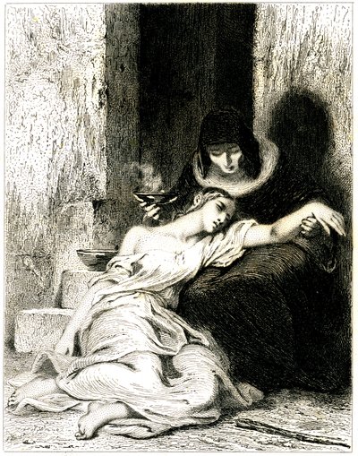 Mujer joven visiblemente sufriendo (enferma) arrodillada sobre las rodillas de una mujer mayor que le hace tomar una poción (medicina) - aguafuerte (aguafuerte) de Tony Johannot (Antoine Johannot dit de Tony Johannot