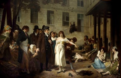 Doctor Philippe Pinel liberando a los alienados de sus cadenas en 1795 en el Hospital de la Salpêtrière en París de Tony Robert Fleury