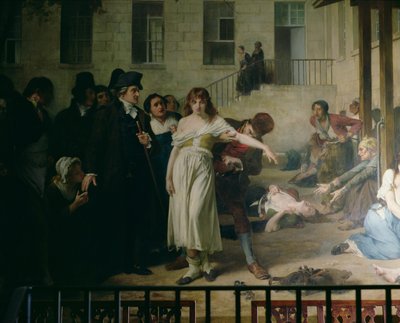 Philippe Pinel (1745-1826) liberando a los lunáticos de sus cadenas en el asilo de la Salpetriere en París en 1795, 1886 (detalle) de Tony Robert Fleury