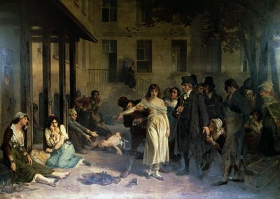 Psiquiatra Philippe Pinel liberando a los locos de sus cadenas en el asilo de Salpetriere en París en 1795 de Tony Robert Fleury