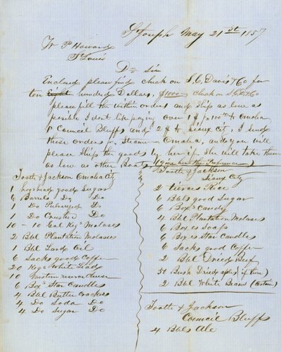 Carta firmada por Tootle & Jackson, Council Bluffs, a W.P. Howard, St. Louis, 21 de mayo de 1857 de Tootle and Jackson