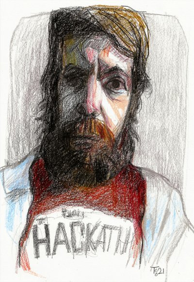 Dibujo de un hombre barbudo con expresión intensa de Tore Bahnson