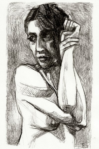 Dibujo de una mujer pensativa de Tore Bahnson