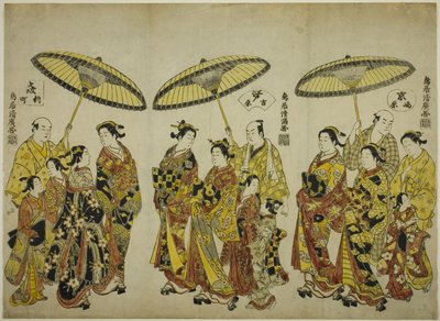 Bellezas de las Tres Capitales: Shimabara en Kioto (derecha), Yoshiwara en Edo (centro) y Shinmachi en Osaka (izquierda) de Torii Kiyohiro