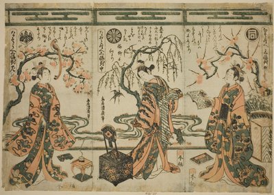 Los actores Sanogawa Ichimatsu (derecha), Nakamura Tomijuro (centro) y Nakamura Kumetaro (izquierda), de Una comparación - Conjunto de tres (Nazorae Sanpukutsui) de Torii Kiyohiro