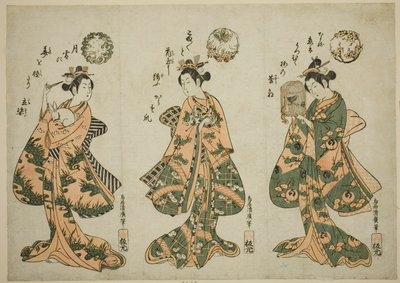 Tres mujeres jóvenes con mascotas de Torii Kiyohiro
