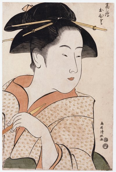 Retrato de busto de Ohisa de Takashimaya sosteniendo una pipa de tabaco de Torii Kiyomasa
