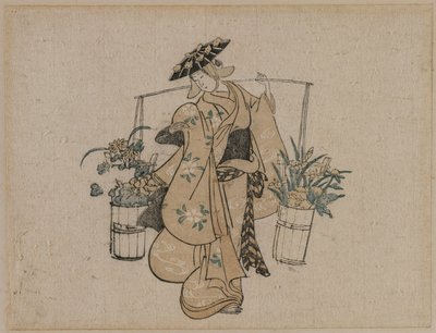 Una belleza llevando dos cubos de flores de Torii Kiyomasu