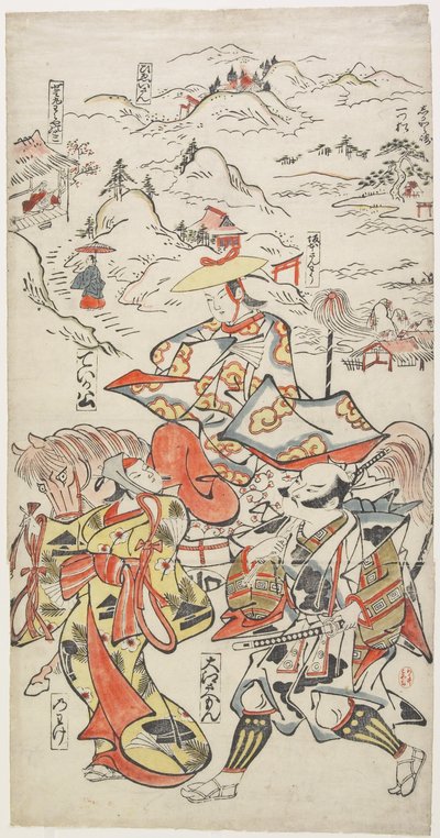 Fujiwara no Teika a caballo acompañado por O_e Saemon y la mujer Nowake, c. 1710 de Torii Kiyomasu II
