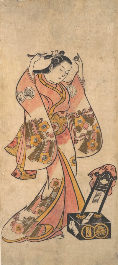 Sanjo Kantaro como una mujer arreglando su cabello frente a un espejo de laca, antes de 1763 de Torii Kiyomasu II.