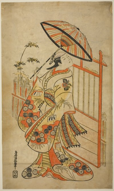El actor Sanogawa Mangiku I como Sanada, la hija del hilandero Itoya, en la obra "Hiragana Yomeiri Izu Nikki," representada en el Teatro Nakamura en el undécimo mes, 1718 de Torii Kiyomasu II