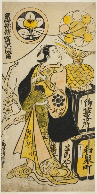 El actor Tomizawa Montaro I como Miyako no Mae en la obra "Izu Genji Horai Yakata," representada en el Teatro Ichimura en el undécimo mes, 1736 de Torii Kiyomasu II