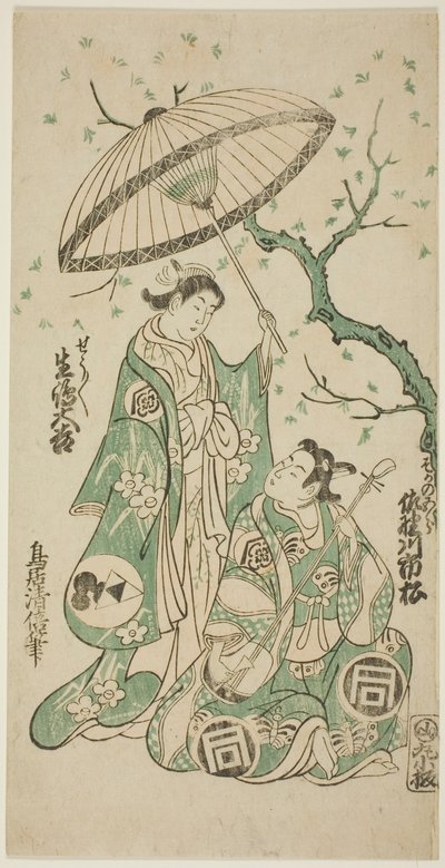 Los Actores Sanogawa Ichimatsu I como Soga no Goro e Ikushima Daikichi II como Kewaizaka no Shosho en la obra "Monzukushi Nagoya Soga," representada en el Teatro Ichimura en el primer mes, 1748 de Torii Kiyomasu II