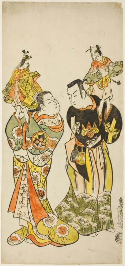 Los actores Yamashita Kinsaku I y Hayakawa Hatsuse como titiriteros en la obra "Diario de un viaje por mar a Izu" ("Funadama Izu Nikki"), representada en el Teatro Nakamura en el primer mes de 1725 de Torii Kiyomasu II
