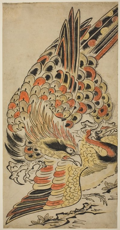 Un halcón capturando una grulla en vuelo, c.1715 (grabado en madera coloreado a mano) de Torii Kiyomasu I