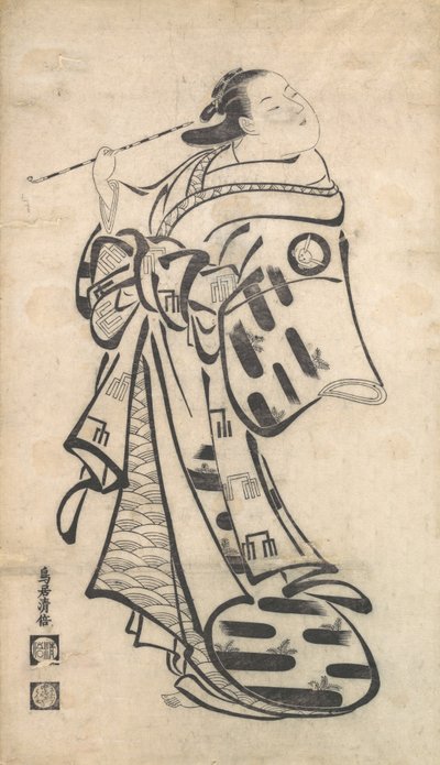 Una oiran de pie, una pipa en su mano derecha, y girando para mirar detrás de su hombro, ca. 1705 de Torii Kiyomasu I