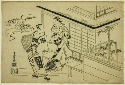 Los Actores Nakamura Takesaburo I como Kewaizaka no Shosho e Ichikawa Danjuro II como Soga no Goro en la obra "Bando Ichi Kotobuki Soga," representada en el Teatro Nakamura en el primer mes, 1715 de Torii Kiyomasu I